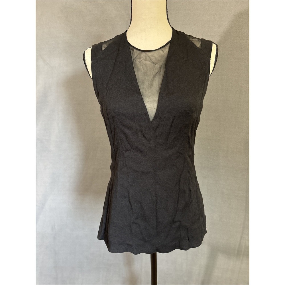 Rebecca Taylor Silk 6 Top Black Sheer‎ Deep V Neck Sleeveless Zip Up